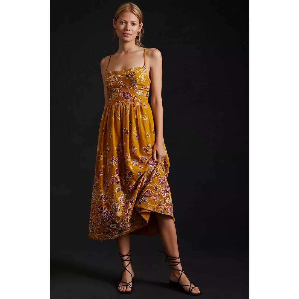 Anthropologie Mustard Yellow Floral Midi Dress